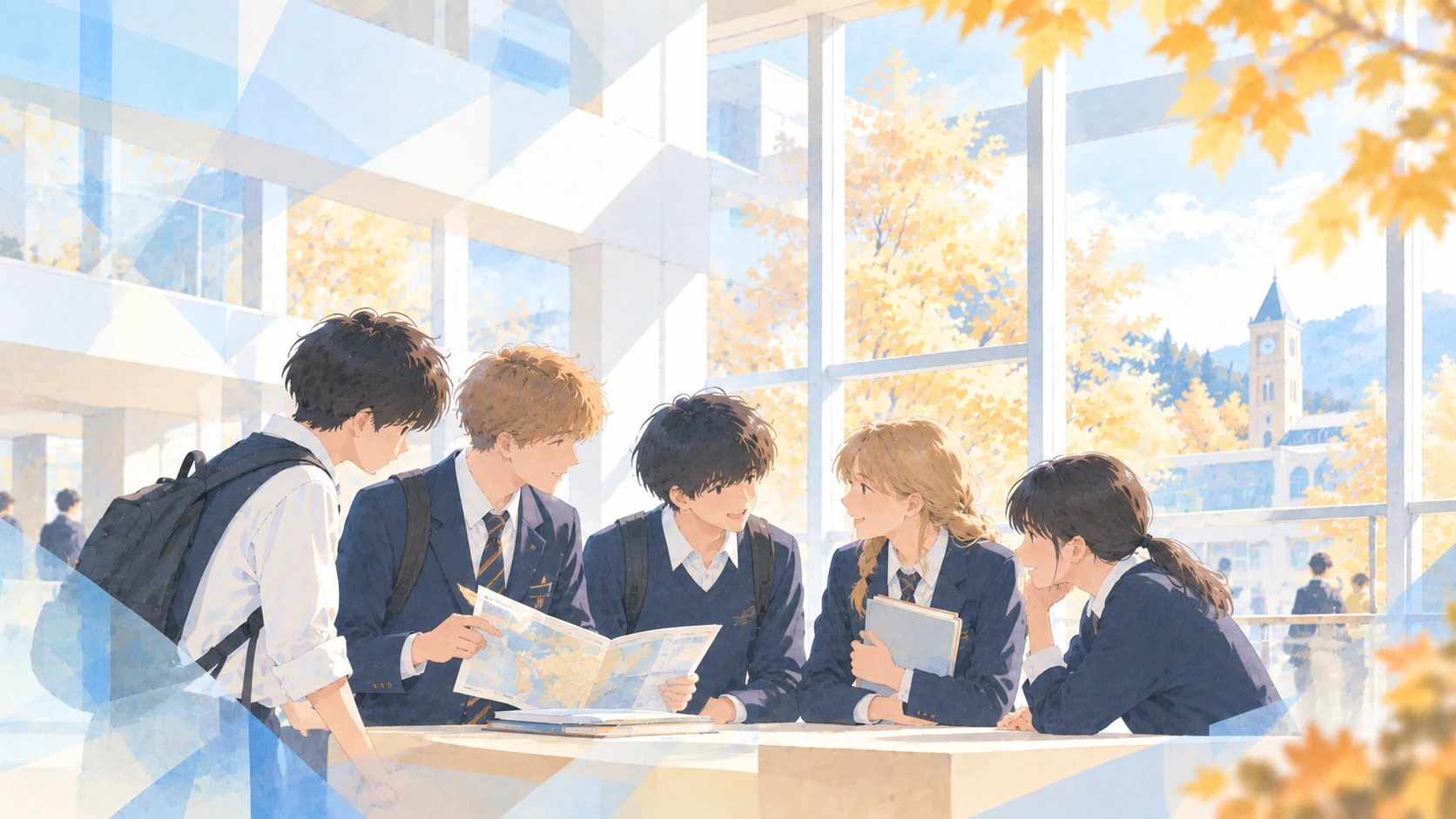 秋の校舎で英国からの生徒と中等部生が地図を囲んで話すイメージイラスト