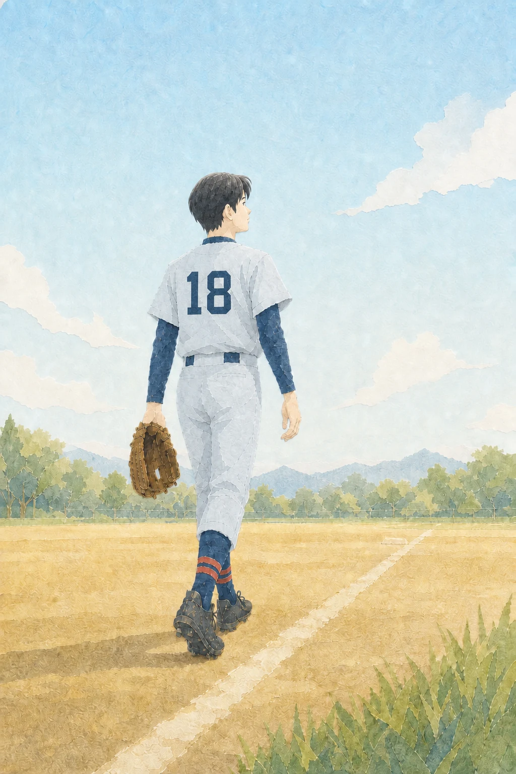 青空の下、グローブを持ってグラウンドへ向かう背番号18の野球少年のイラスト