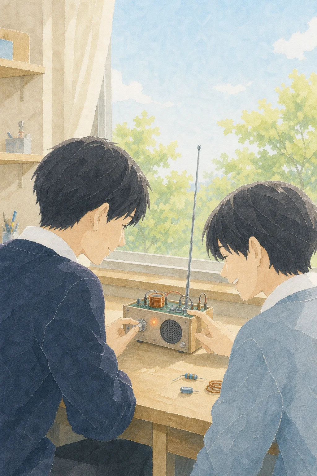 明るい部室の窓辺で、二人の学生が手作りの無線機を一緒に試す和紙コラージュ風のイラスト