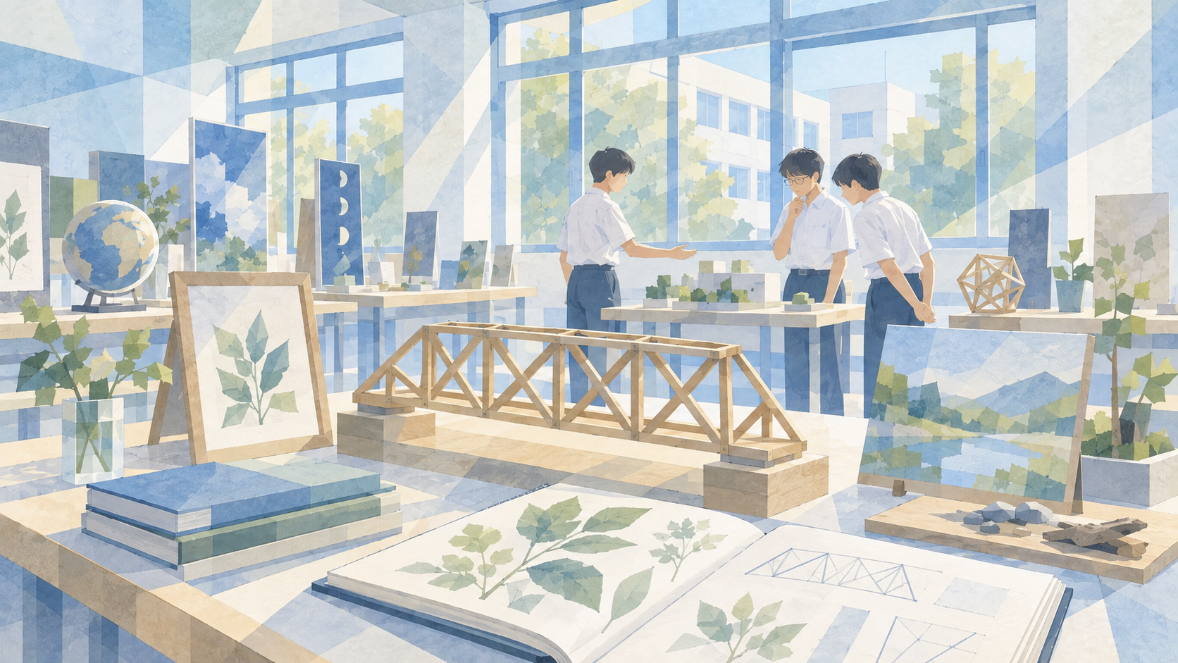 木工作品や観察ノートが並ぶ労作展と、作品を語り合う生徒を描いたイメージイラスト