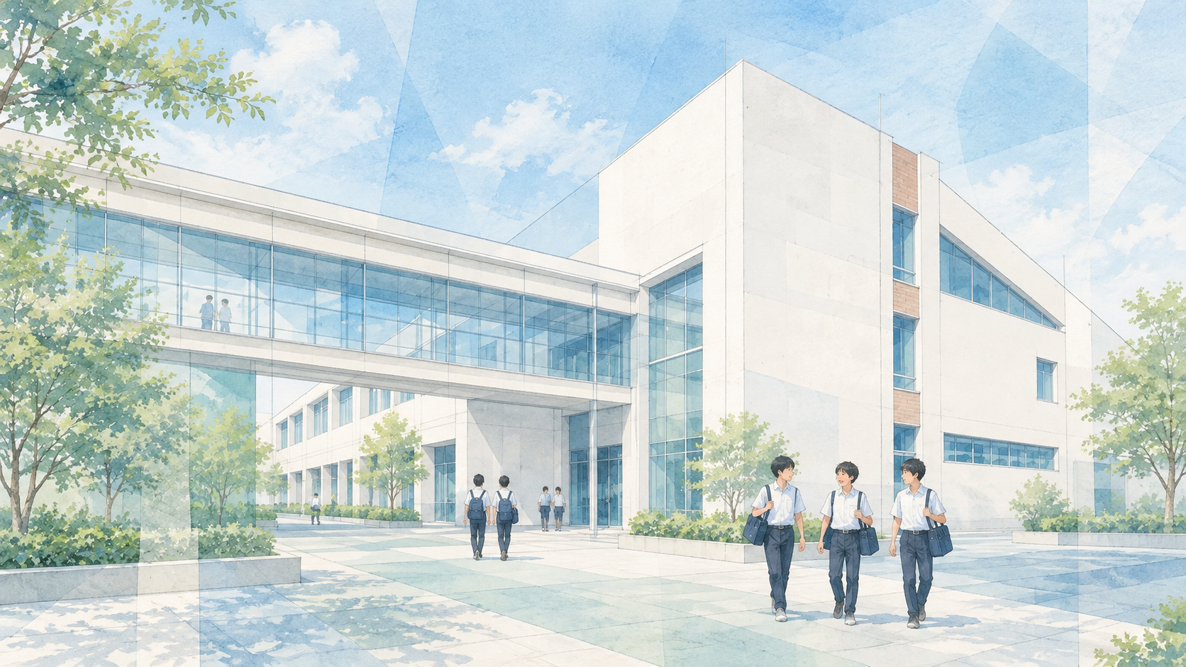 普通部の校舎と友人同士で歩く生徒を描いた学校生活のイメージイラスト