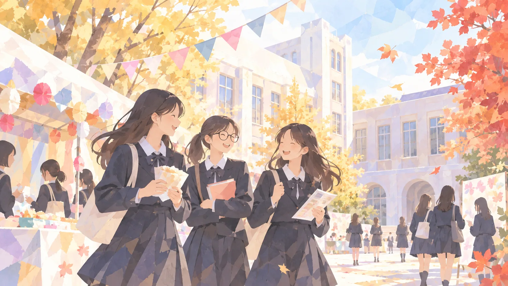 紅葉の校舎を背景に、文化祭のガーランドの下で笑い合う女子生徒たちを描いたイメージイラスト