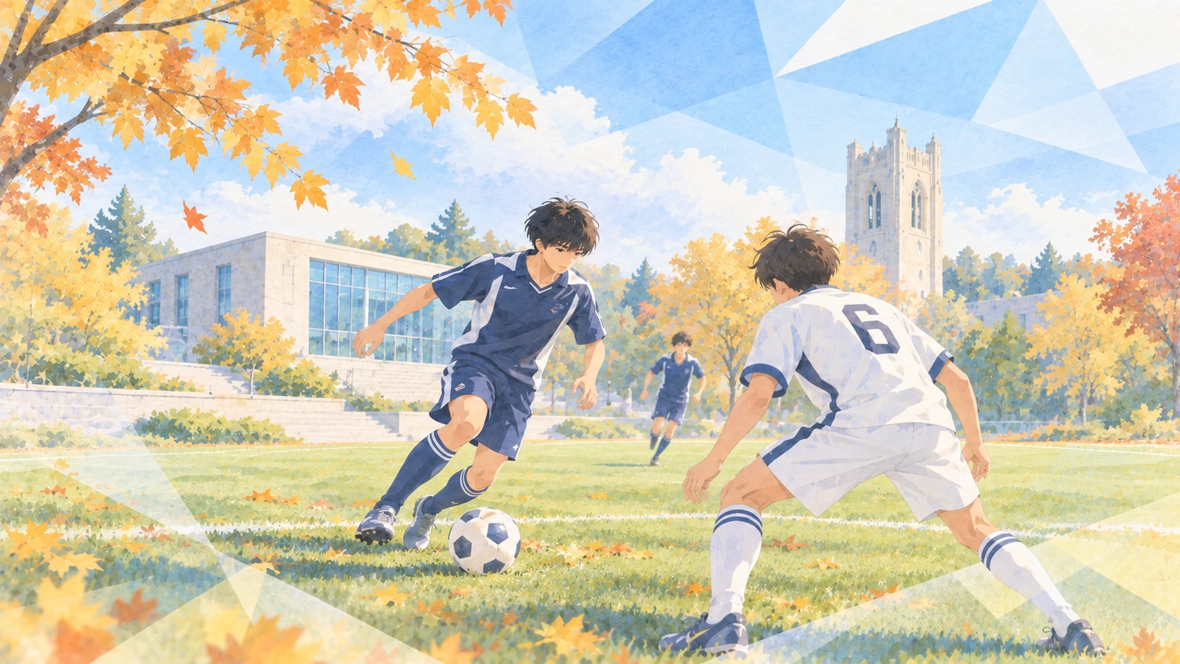 紅葉の芝生グラウンドでサッカーの試合をする高校生を描いたイメージイラスト