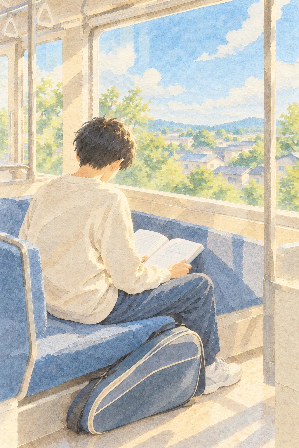 朝の光が差す電車内で、足元にテニスのラケットバッグを置き、膝の上の教科書を読む男子中学生の後ろ姿を描いた和紙コラージュ風のイラスト