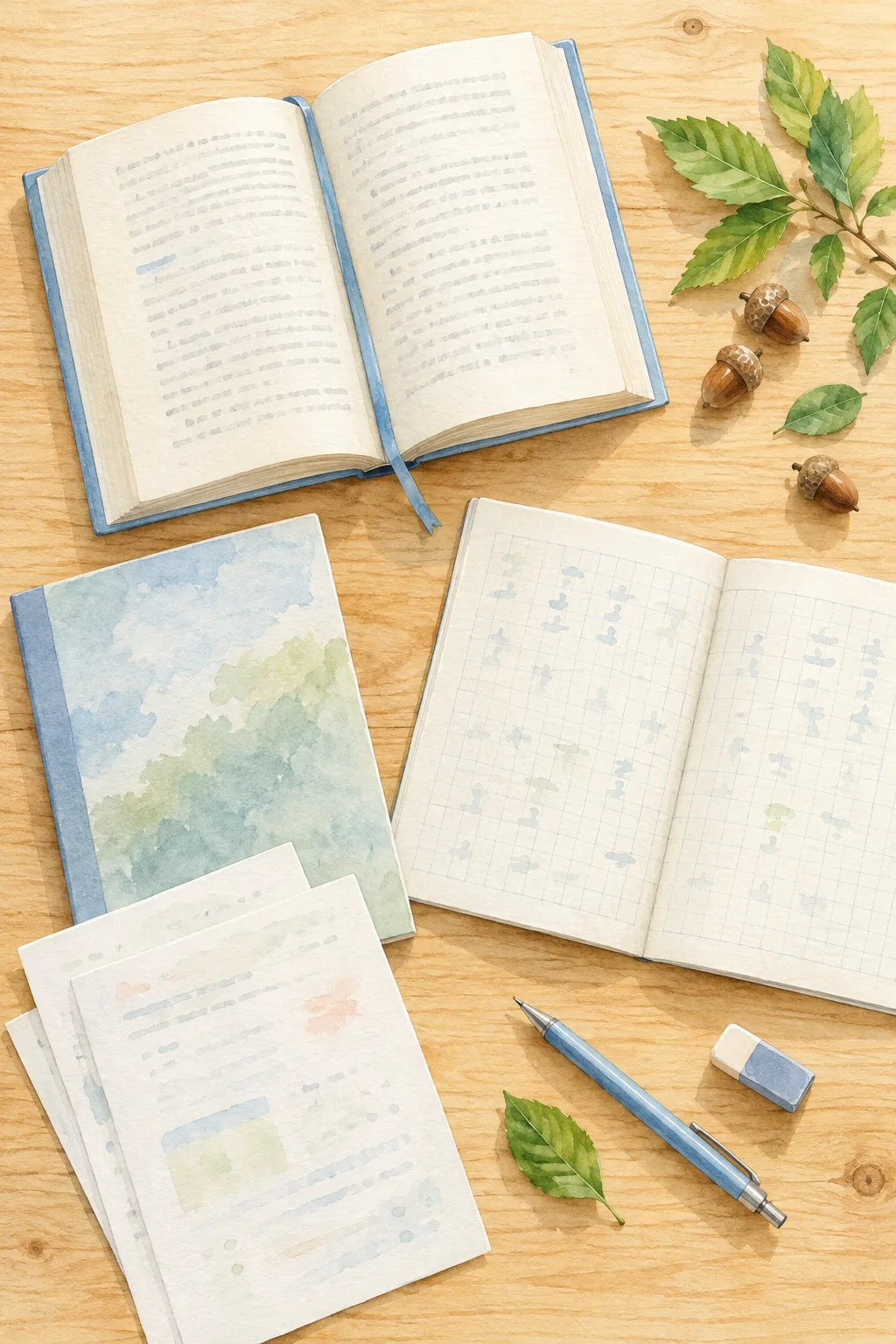 木の机の上に、英語の本、漢字練習のノート、問題集と答案用紙、シャープペンシル、消しゴム、緑の葉とどんぐりが並ぶ様子を真上から描いた淡い水彩風イラスト