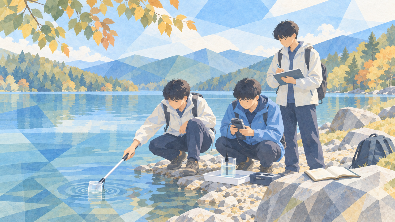 秋の湖畔で採水・水質測定・記録を分担する志木高の研修旅行を描いたイメージイラスト