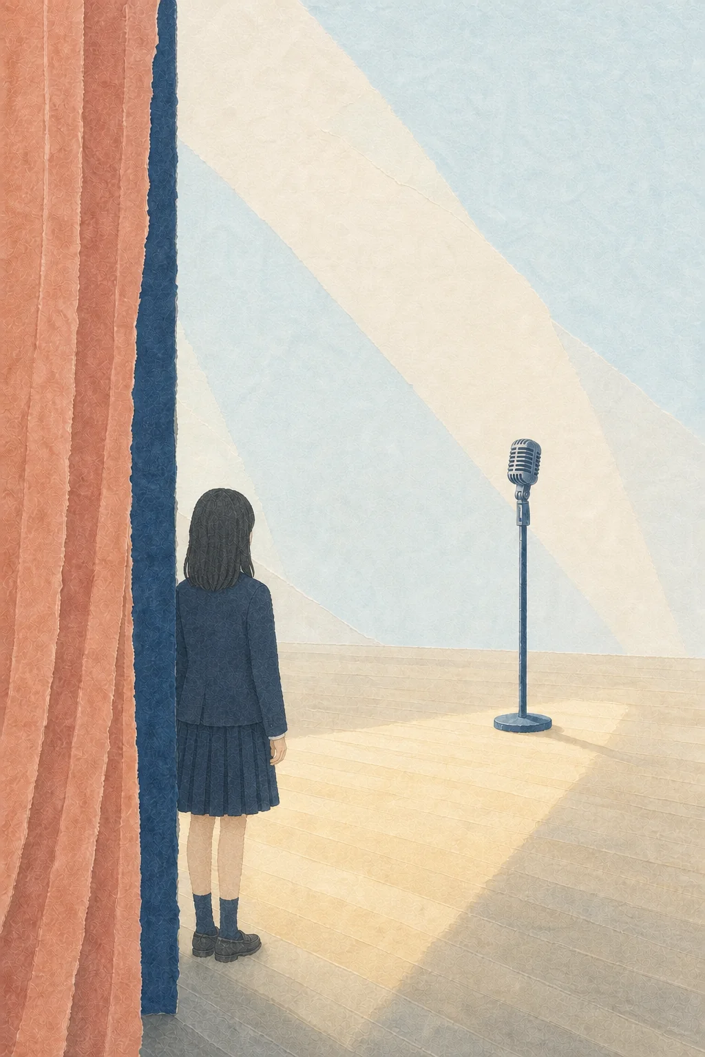 舞台袖に立つ女子高生が、スポットライトの当たるマイクを見つめる和紙コラージュ風のイラスト