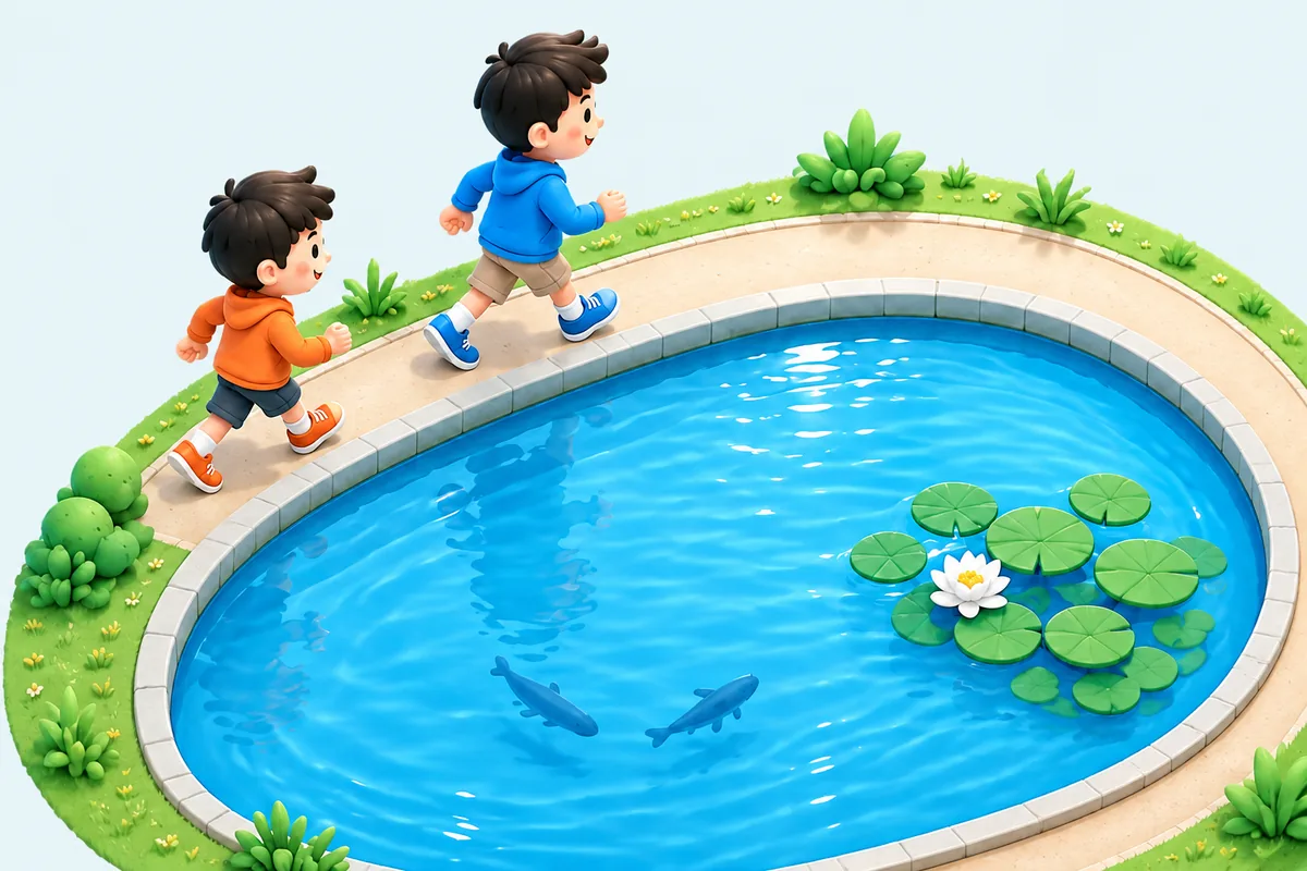 池の周りを同じ向きに歩く兄弟のイラスト