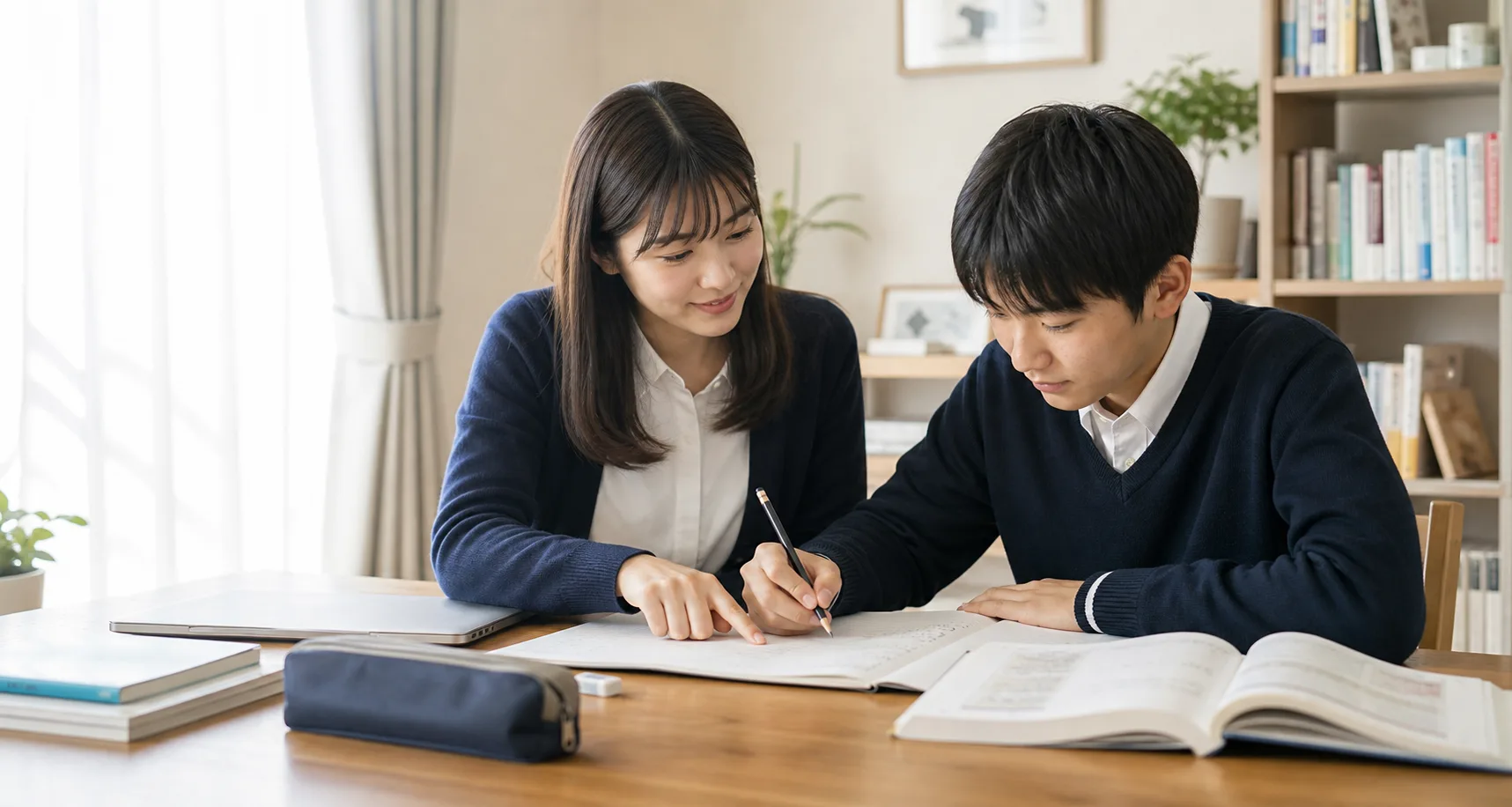 女子学生講師が男子生徒に自宅で1対1の家庭教師授業を行っている様子